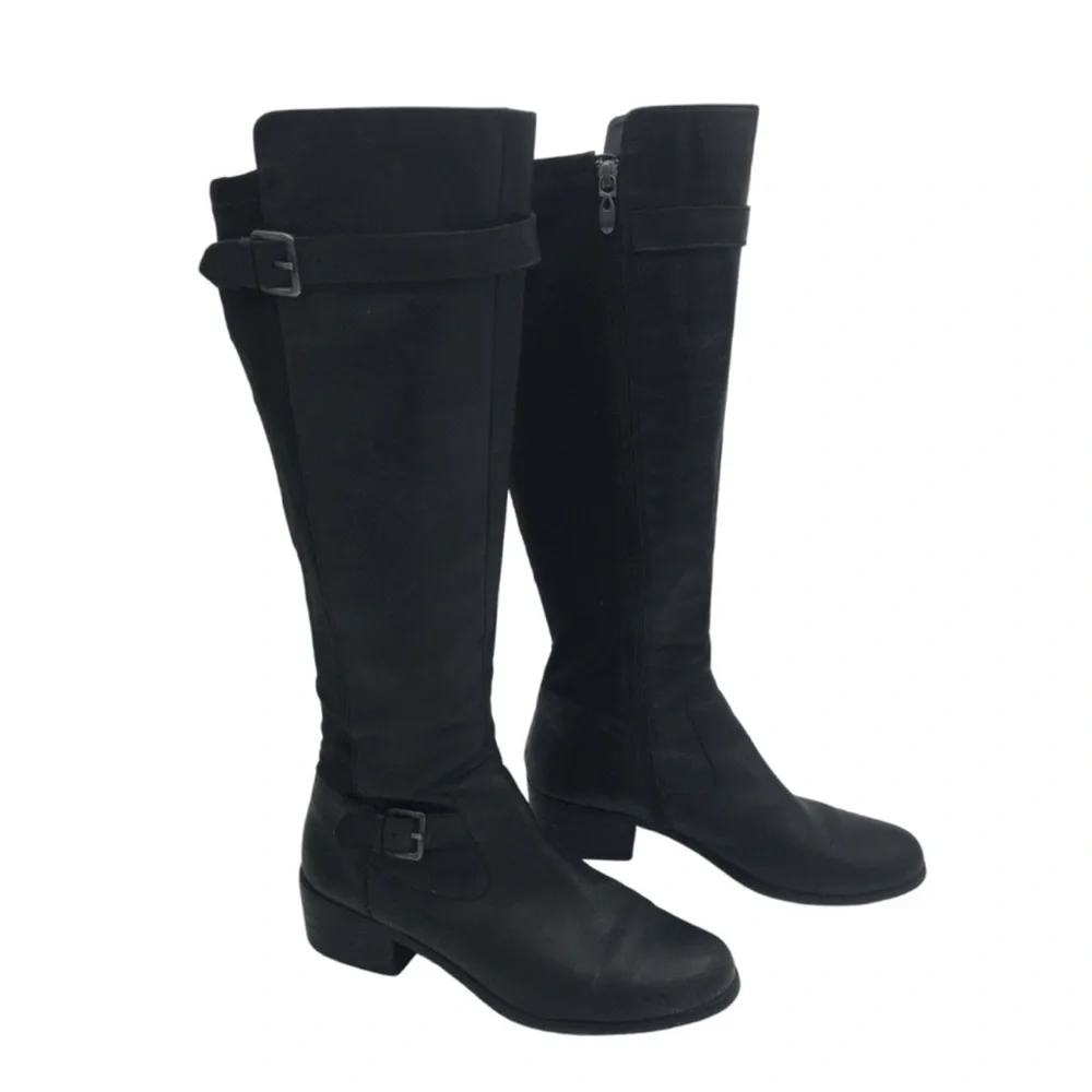 Tahari Kent Leather Tall Black Buckle Riding Equestrian Boots‎ size 8.5